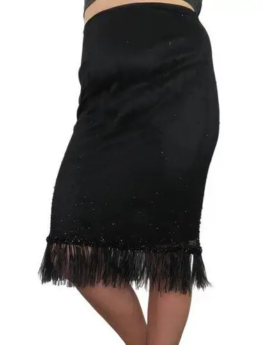 Tahari 90s Vintage Black Frayed Tassel Midi Skirt Pencil Skirt with Sequins 29"