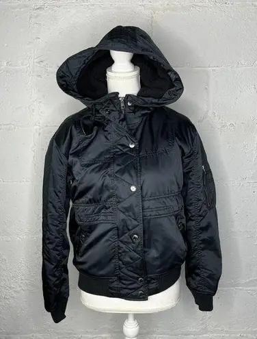 American Eagle  Women's Satin Hooded Ribbed Bomber Black Jacket Size Small