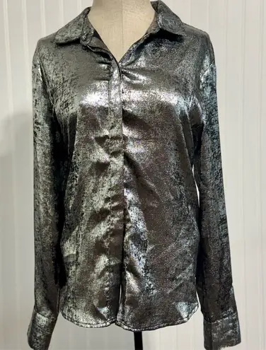 Evereve Cloth & Stone Silver Metallic Button Shirt M Cyber Y2K Disco Glam Foil