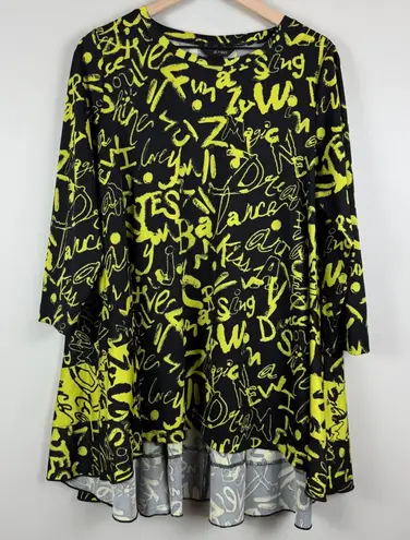 Ali Miles Tunic Top Women's L Black Yellow Graffiti Print Retro Relax Blouse Art Size L