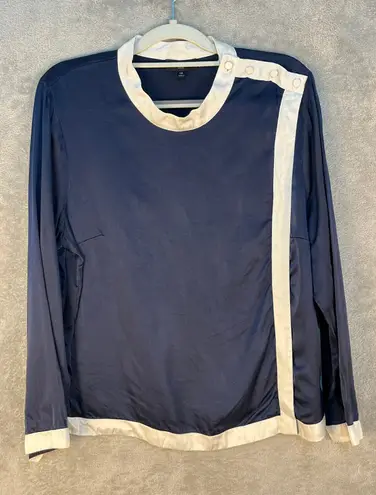 J Crew 365 Silk Blouse Size 14 Navy Gray Trim Preppy Academia Office Blue
