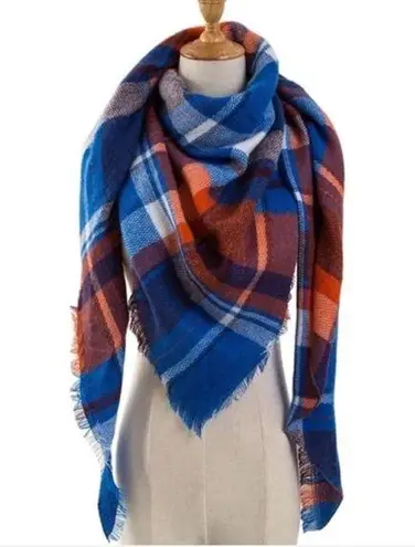 Boutique Blue Orange White Fringe Plaid Blanket Scarf Wrap