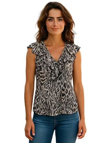 🔵 SALE 3/$25 SPENSE BLACK WHITE ZEBRA PRINT SLEEVELESS RUFFLED TANK BLOUSE S
