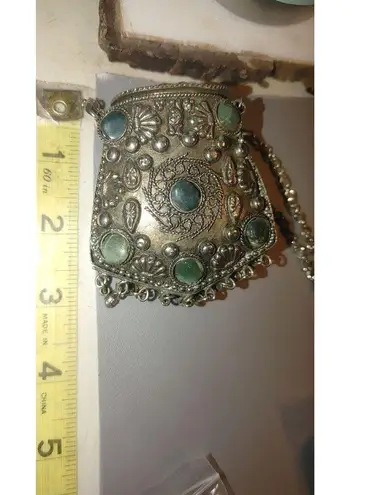 Sajai Gemstone Coin Purse Ethnic Silver Pendant Necklace Green Gemstones Bohemia