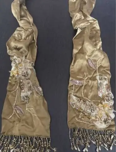 Embellished Gold Scarf with Beaded Fringe