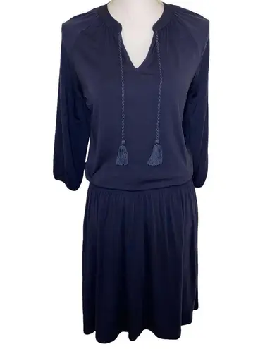 Garnet Hill Poet Romantic Boho V-neck Tassel Knit Mini Dress, Navy, Size Small