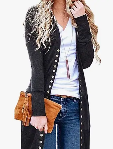 Women's Long Sleeve Ribbed Open Front Snap Button Down Knit Cardigans Black Size L - Image 3