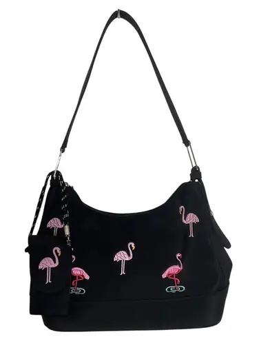 Y2K Black and Pink Flamingo Embroidered Shoulder Bag with Cellphone Holder