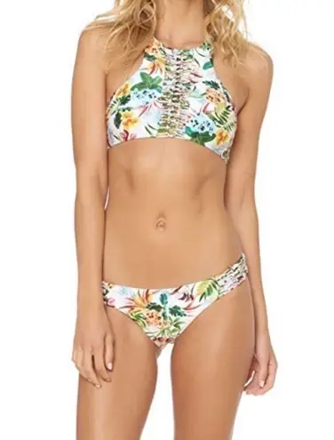 Red Carter  Martinique Macrame Tropical Floral High Neck Bikini Top Bathing Suit