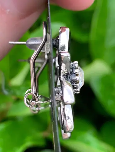 NEW Black & Silver Flower Earrings w/ Rhinestone for Pierced Ears