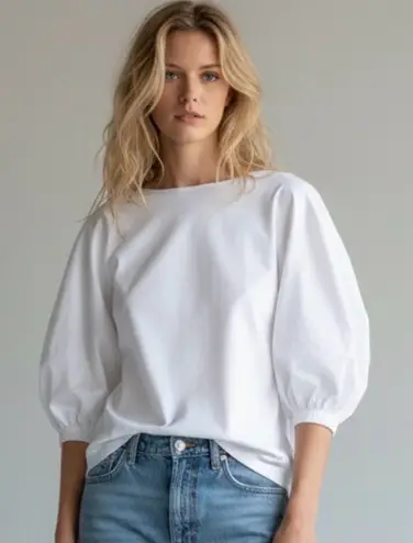 Ann Mashburn White Volume Sleeve Popover Poplin Top Small Minimalist Classic