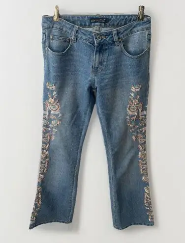 Y2K Vintage Embellished Embroidered Beaded Flare Jeans Low Rise 2000s Fairy Boho Blue Size 27