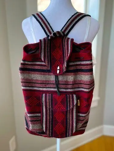 Vintage Artesian Black Red Wool Blend Tribal Boho Woven Backpack with Drawstring