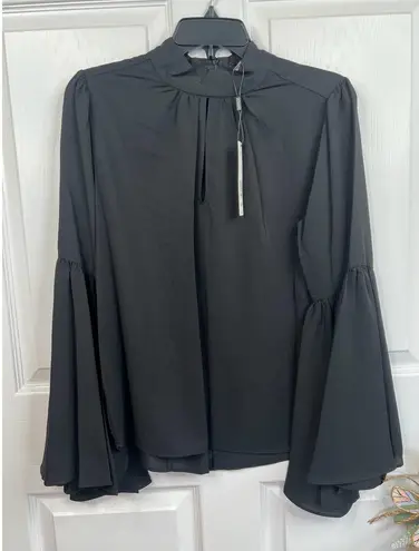 T Tahari Blouse Womens Size S Black Mock Neck Keyhole Large Bell Sleeve Chic