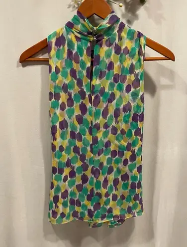 Etcetera Swanky silk dots pattern twist neck sleeveless mock neck keyhole blouse
