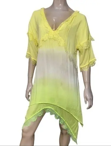 Pink Memories Women’s Size 42 L Yellow Green Tan Tie Dye Lace Trimmed Dress Size L