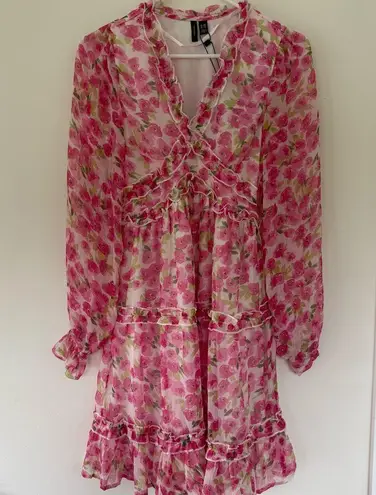 VERO MODA NWT Pink Floral Long Sleeve Smock Mini Dress VMSMILLA FRILL Size XXS