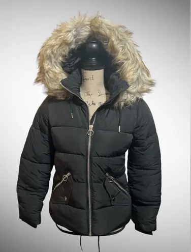 Topshop NWT $125  tie waist padded jacket with faux-fur hood in khaki sz 2