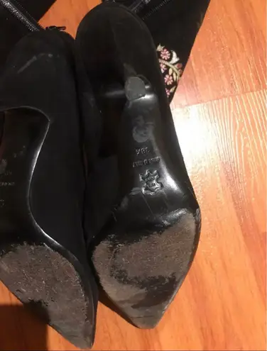 Oscar de la Renta Floral Print Suede Knee High Boots