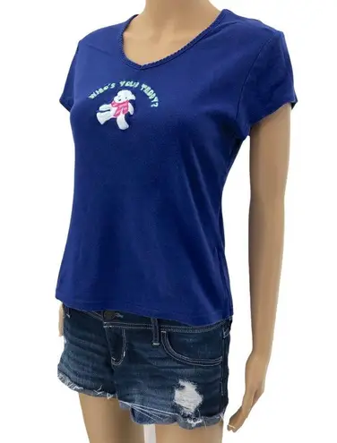 Delicates (L) Blue Who's Your Teddy? Embroidered Teddy Bear Tee Top Shirt V-Neck