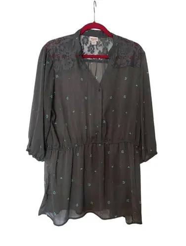 Mossimo Womens Gray Sheer Long Sleeve Tunic With Lace & Patterned Detail Size XL