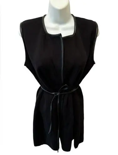 J. McLaughlin Longline Merino Wool Vest Size S Leather Tied Trim Black Classic