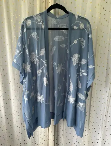 Fame Blue Sheer Boho Embroidered Floral Open Kimono Cardigan Cover Up One Size Size undefined