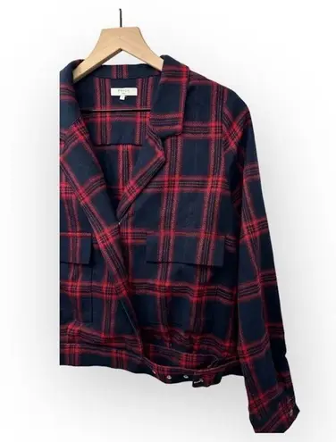 FRNCH Paris Plaid Belted Cropped Jacket Notch Lapel Classic Red Blue Small