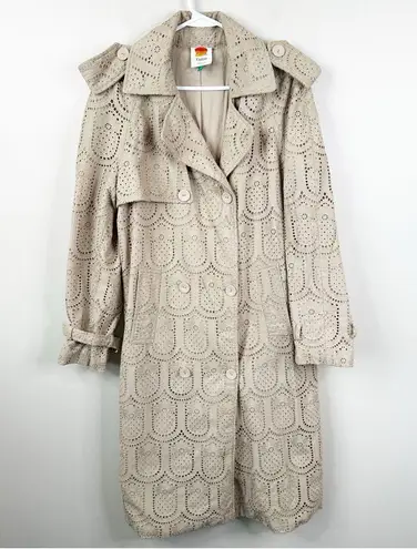 Farm Rio Pineapple Eyelet Trench Coat Womens XS Tan Khaki Cotton Button Front