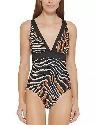 DKNY  TIGER BLACK Plunging Animal Print One Piece Black & Brown Swimsuit NWT 8