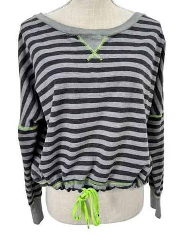 One Step Up Pullover Sweater Womens Size L Gray Black Striped Drop Shoulder Size L