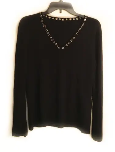 Black Knit V Neck Top with Silver Grommet Accents Size M