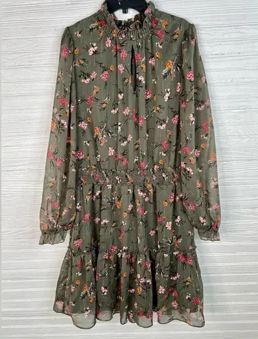 Drew Anthro Green Floral Print Dress Gold Stripes Long Sleeves Smocked Size L