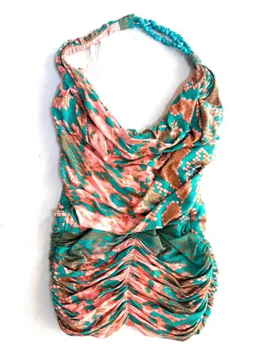 NWT SKY snakeprint ruched drape front turquoise stone embellishment halter top S Orange