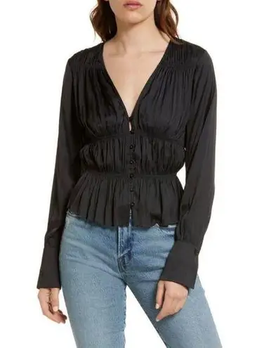 Frame Women's Shirred V-Neck Blouse Black XL Long Sleeve Casual Fall Top