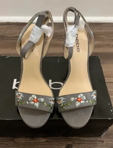 Bebe Ingram Gray Floral Embroidered Heeled Sandal