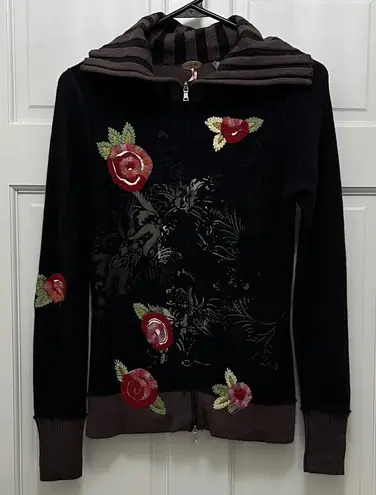 One Girl Who Black Floral Embroidered Full Front Zip Sweater