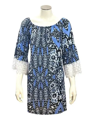 West Loop CCC Blue Black Print Off Shoulder Tunic Dress Lace Bell Sleeves Boho Style XLarg