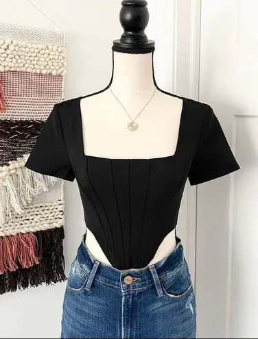 STAUD  Peony Short Sleeve Cropped Corset Top Black Size 0 NWT