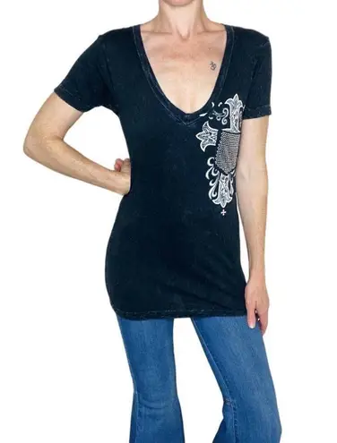 Affliction Vintage Y2K Live Fast Black Gem Rhinestone Cross Printed Tee
