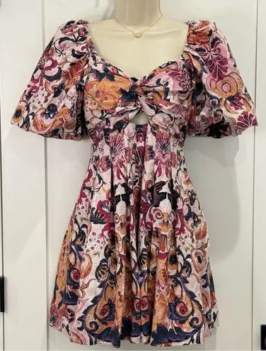 House of Harlow 1960 Puff Sleeve Mini Dress Linen Floral Size 2 Garden Party