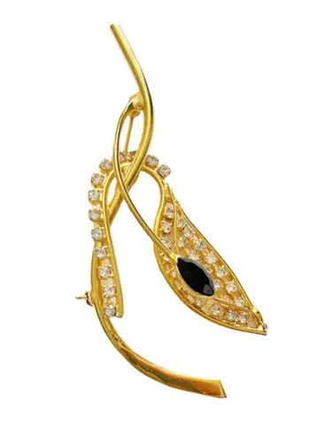 None Abstract Gold‎ Tone Brooch with Rhinestone and Onyx Accents Leaf Bird Wing