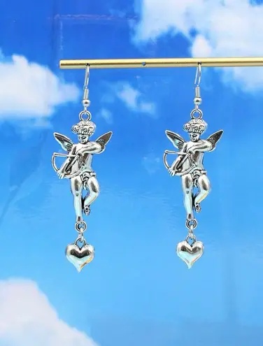 Pair of cupid, dangle drop earrings, heart, love, arrow, silver