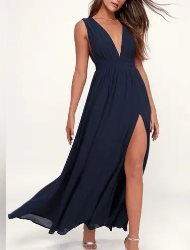 Lulu's Heavenly Hues Elegant Navy Blue Sleeveless Maxi Dress Slit Size Small