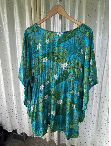 Hula Bay Hawaiian Monstera Plumeria Flowers Batwing Kaftan Swim Cover Up Top S/M Green Size M