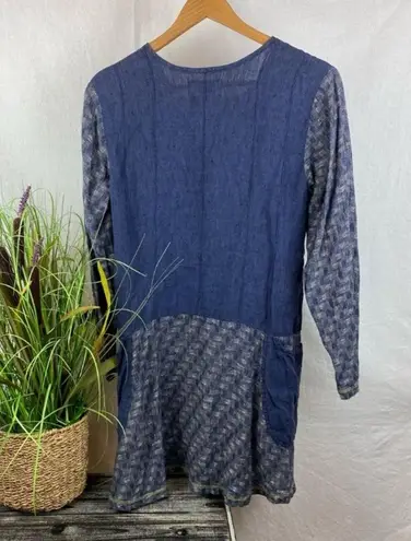 Flax Blue 100% Linen Long Sleeve Two Tone Tunic Top P