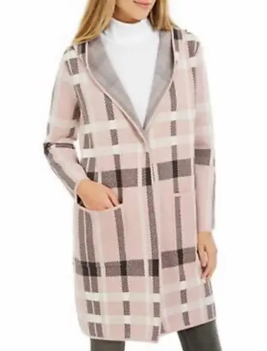 Charter Club New  Coatigan Pink Plaid Duster Jacket Longline Sweater Shacket Hood