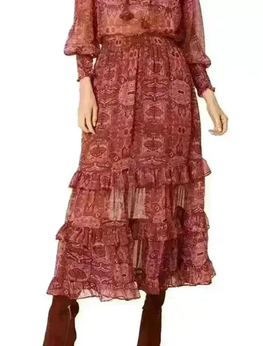 MISA Los Angeles NWT Misa Emanuela Septima Tapestry Burgundy purple Ruffle Maxi Skirt Size XS