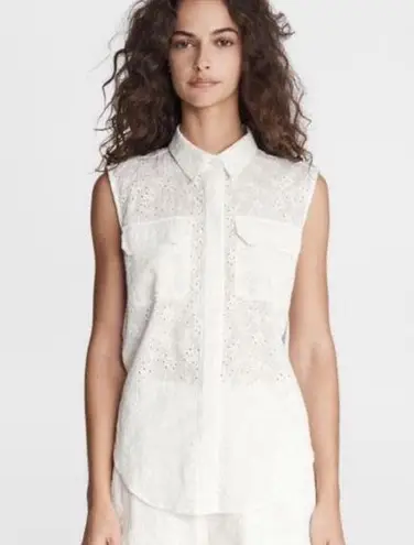 Rag and Bone  APRIL EYELET BUTTON COLLAR DOWN WHITE SLEEVELESS TOP XS - Image 1