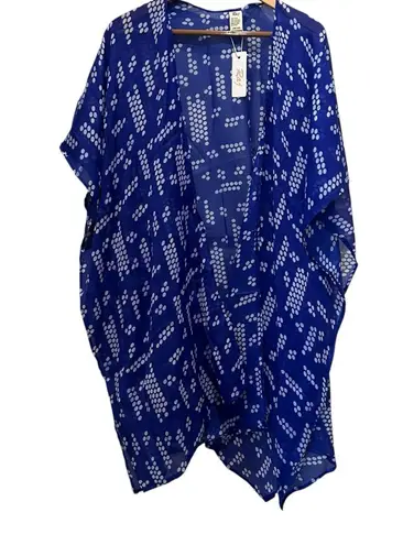 RAJ Duster Kimono Blue White One Size Short Sleeves Open Style Boho Nautical NEW Black
